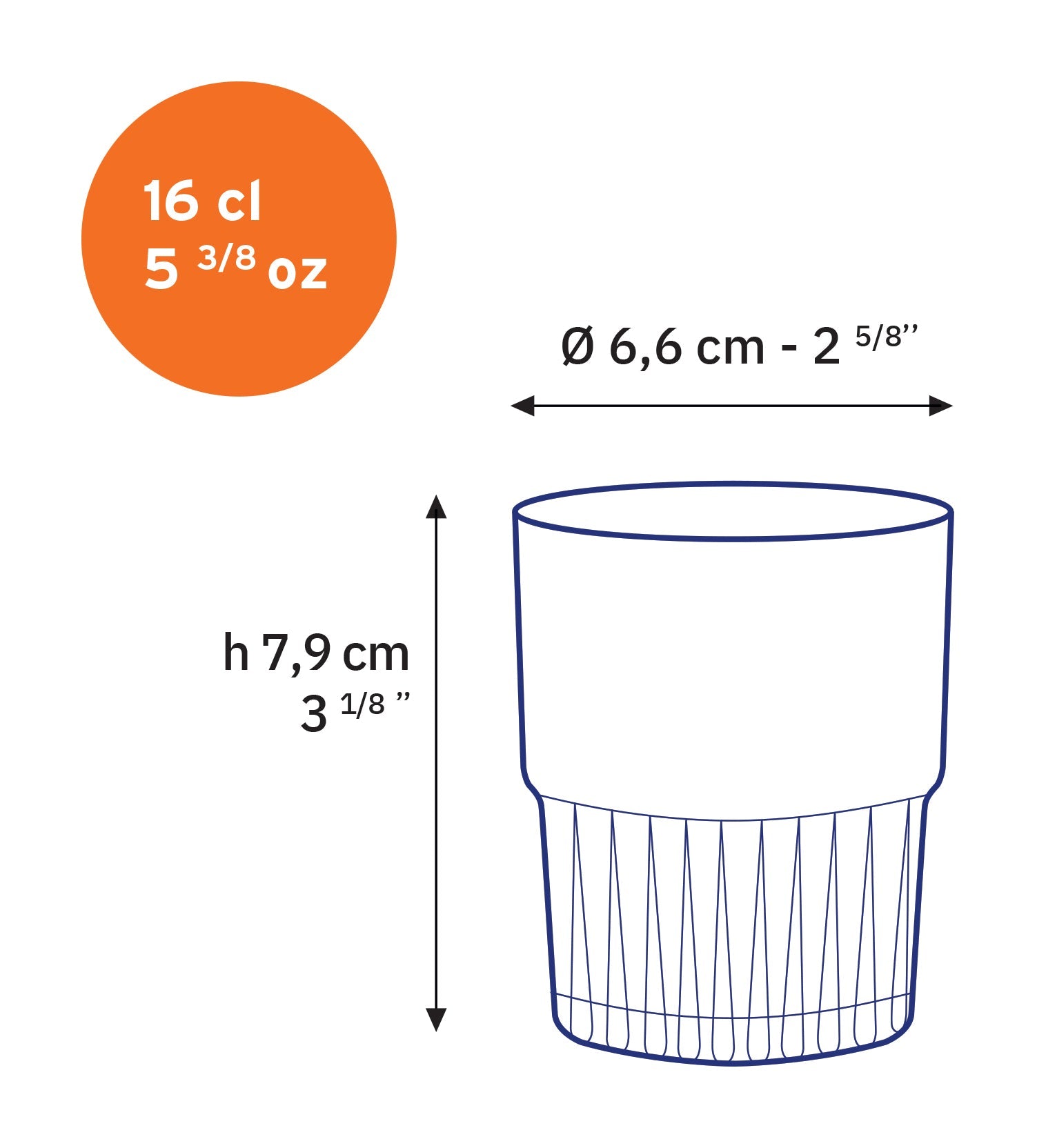 Dimensions illustration of Duralex Empilable Stackable Glass Tumblers set of 6, featuring a fluted design, perfect for various drinks.