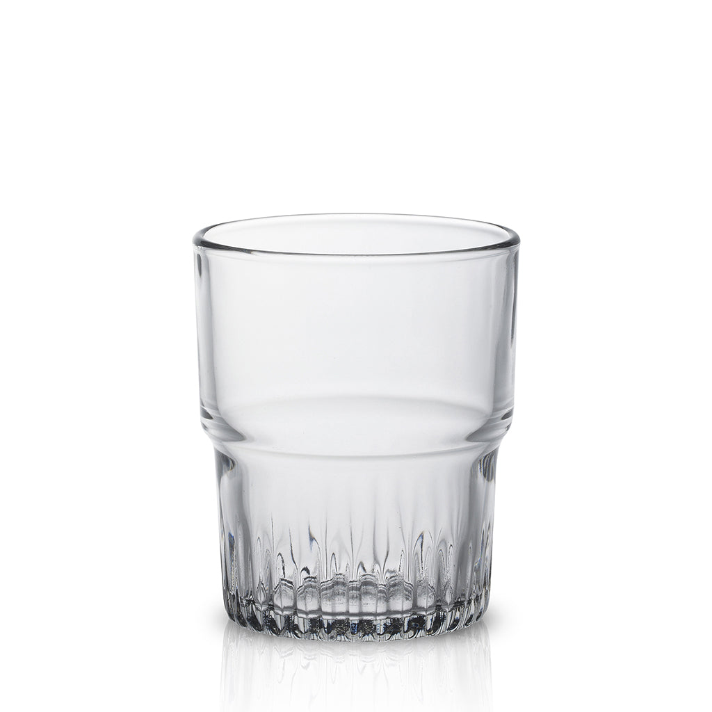 Empilable Stackable Glass Tumblers by Duralex - Clear glass tumbler with fluted base, designed for easy stacking, ideal for serving various drinks.