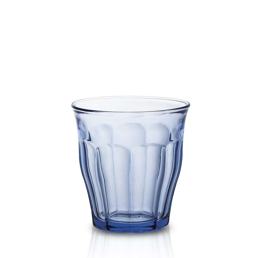 Duralex Le Picardie® Marine Glass Tumbler in coastal blue color, perfect for summer drinks and alfresco dining.