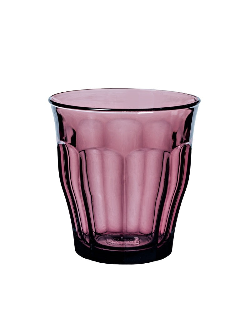 Le Picardie® Plum Glass Tumbler by Duralex in a rich purple hue, showcasing its elegant design and comfortable grip.