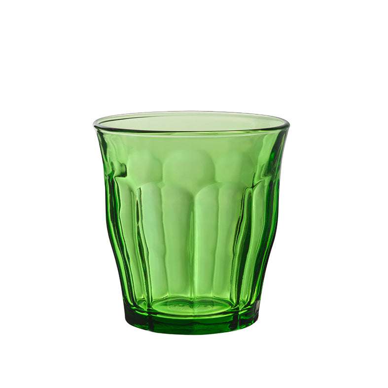 Le Picardie® Green Glass Tumbler by Duralex, showcasing a stylish, stackable design ideal for hot or cold drinks.