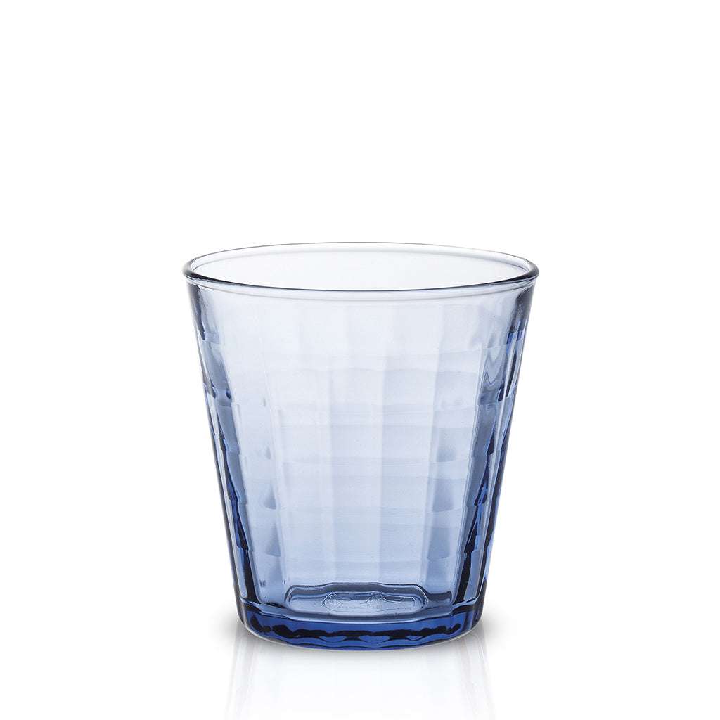 Prisme Marine Glass Tumbler by Duralex, showcasing a clear and cheerful marine colored glass with a stylish chequered embossed pattern.