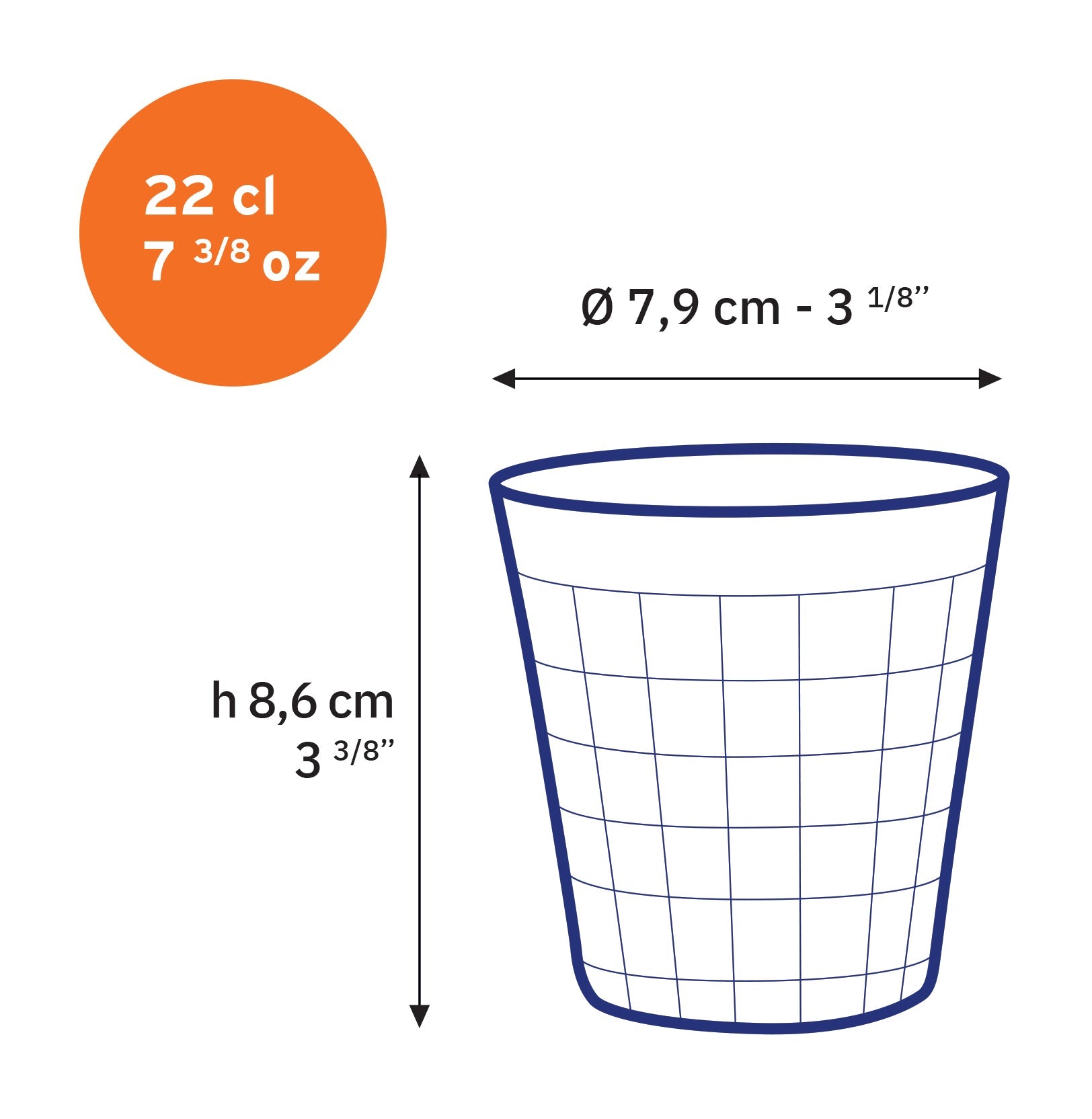 Illustration of Duralex Prisme Marine Glass Tumbler dimensions showing a capacity of 22 cl (7 3/8 oz) with height 8.6 cm and diameter 7.9 cm, featuring an embossed checkered pattern.