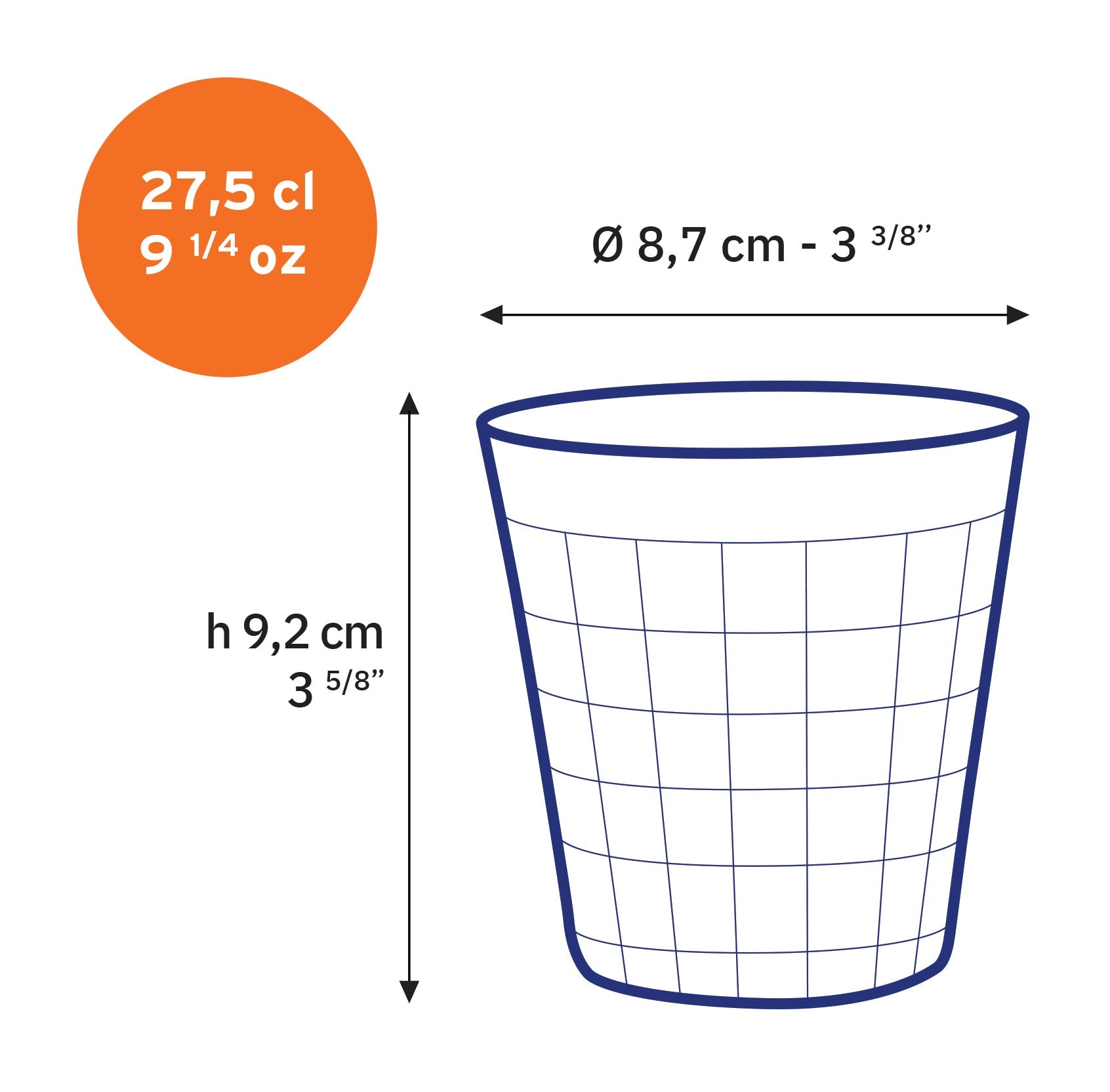 Illustration of Duralex Prisme Marine Glass Tumbler dimensions showing a capacity of 27.5 cl (9 1/4 oz) with height 9.2 cm and diameter 8.7 cm, featuring an embossed checkered pattern.