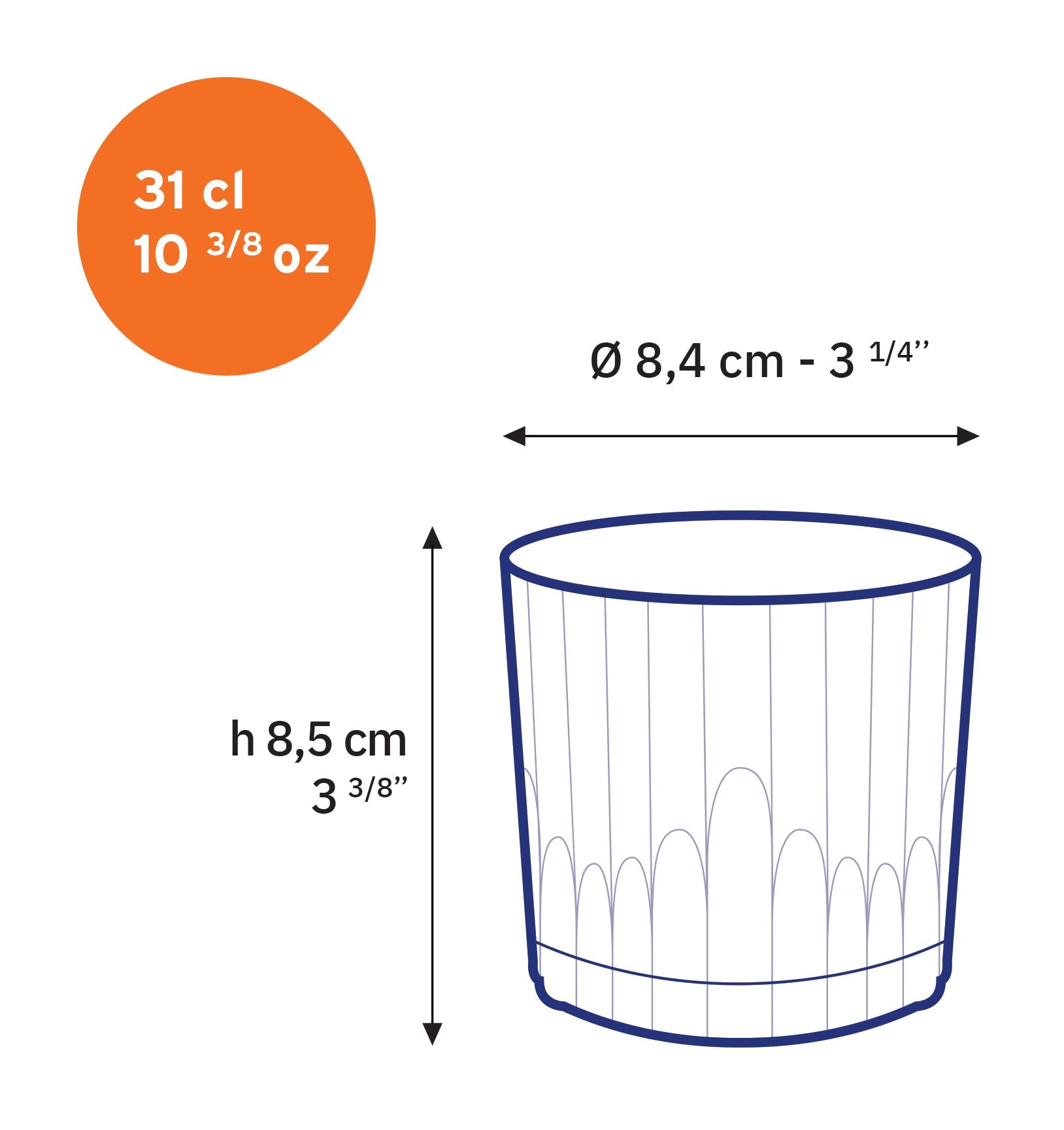 Manhattan Old Fashioned Glass - Set of 6 by Duralex displaying size details for a larger cocktail glass.