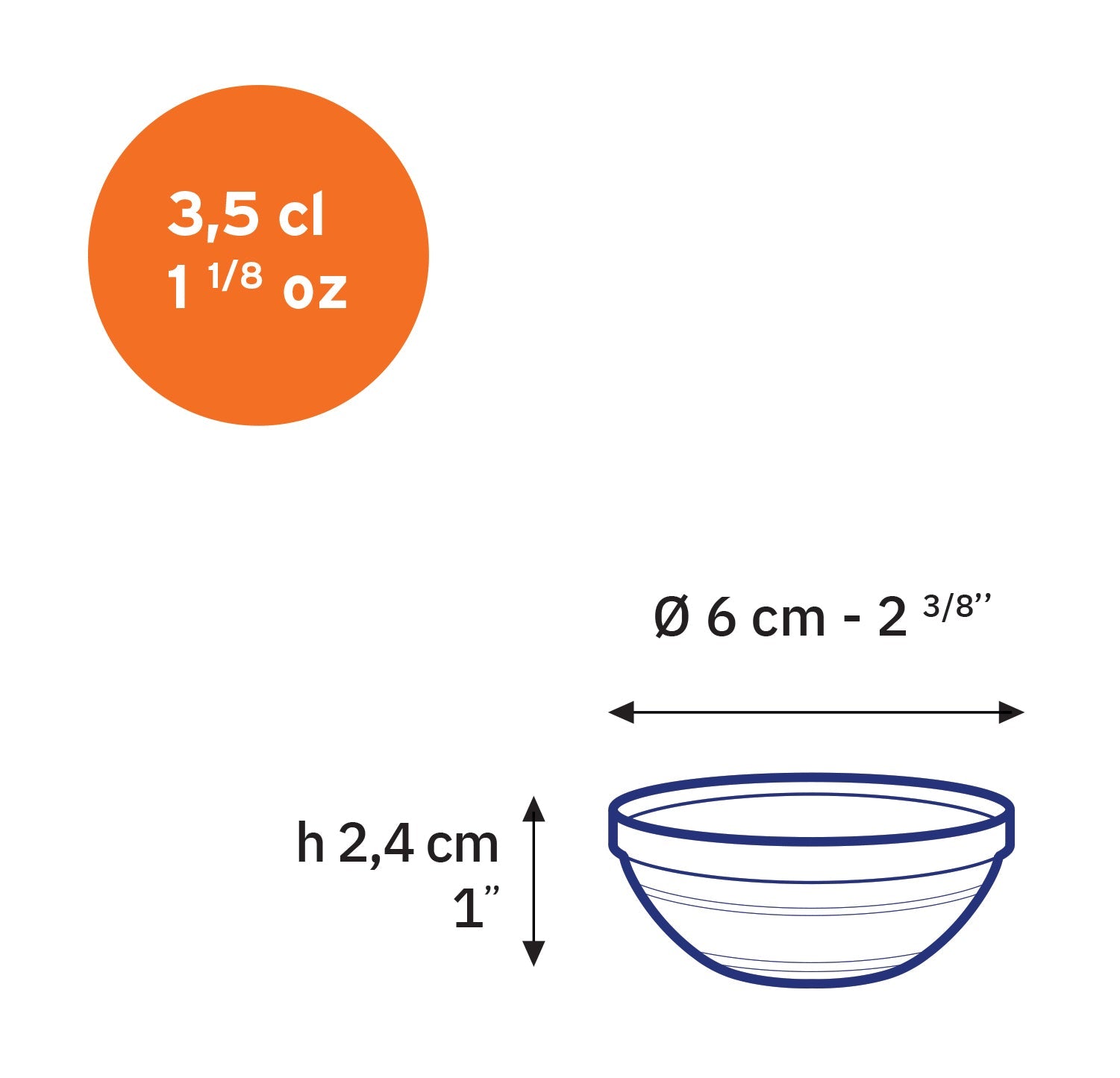 Size dimensions of the Le Gigogne® Stackable Clear Glass Bowl by Duralex showcasing the capacity of 3.5 cl and diameter of 6 cm.