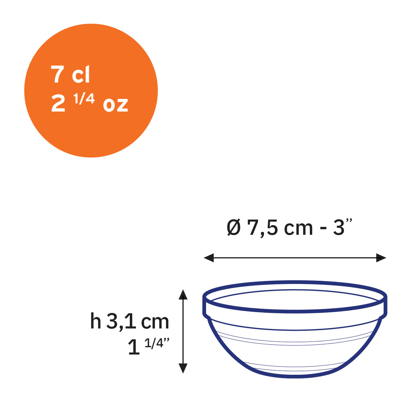 7 cl Le Gigogne® stackable clear glass bowl by Duralex with dimensions of 3 inches in diameter and 1.25 inches in height.