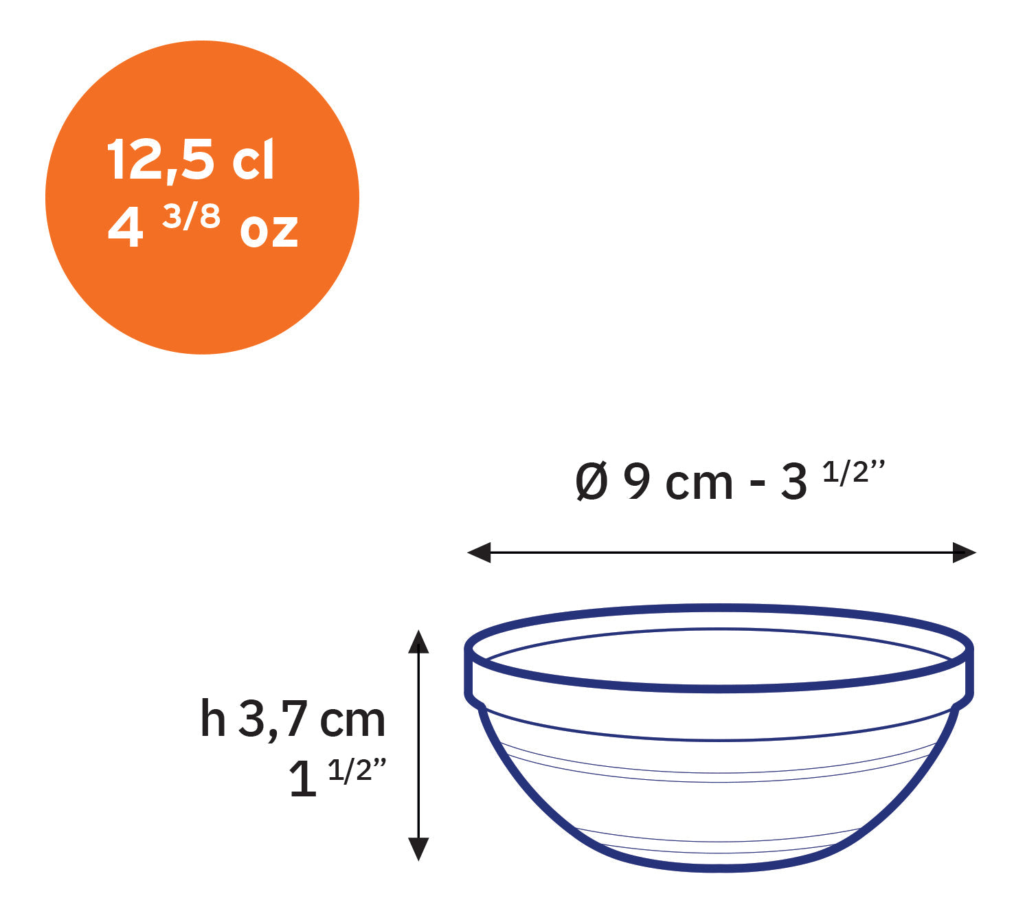 12.5 cl Le Gigogne® stackable clear glass bowl by Duralex featuring a diameter of 3.5 inches and height of 1.5 inches.