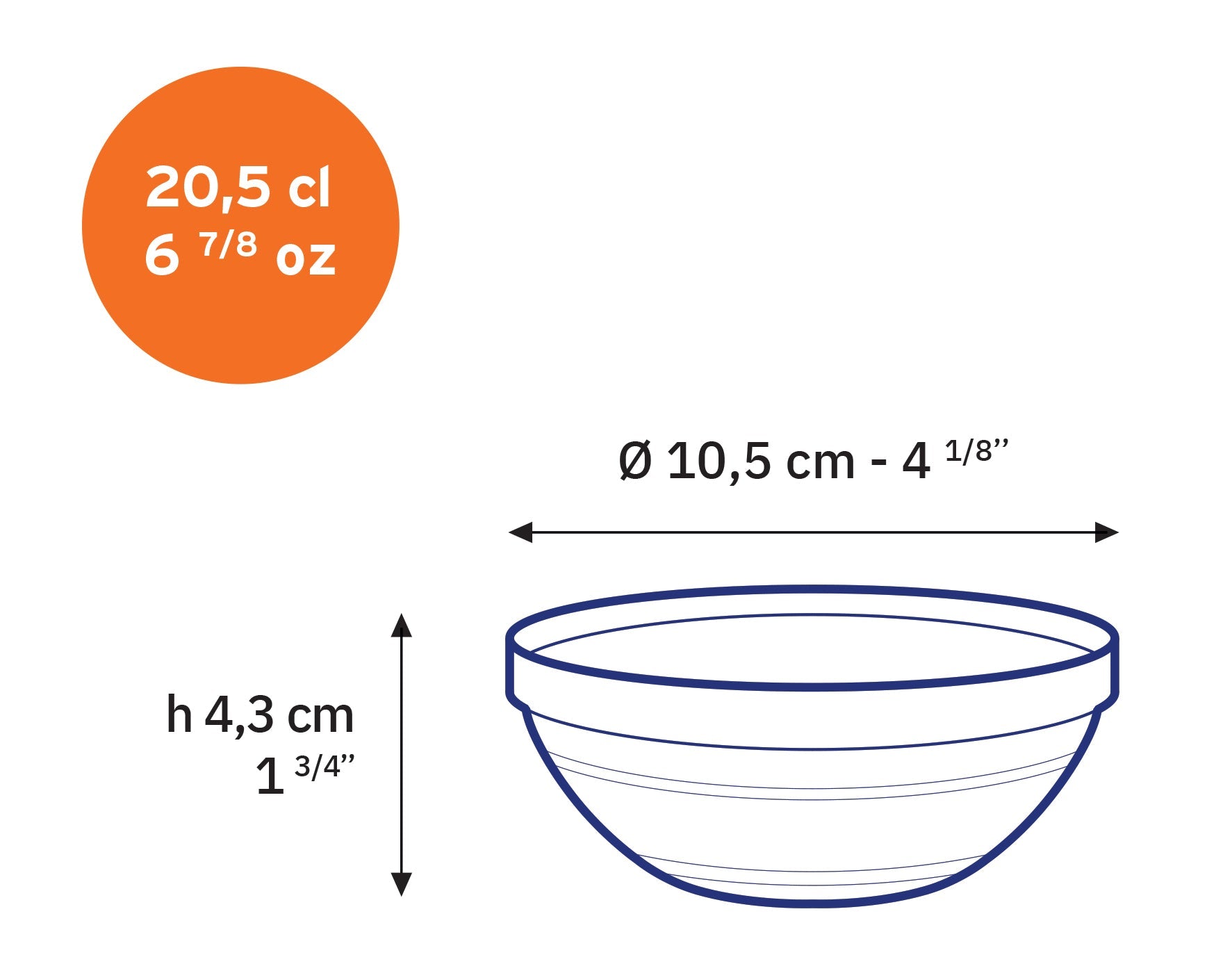 Le Gigogne® Clear Stackable Glass Bowl Set - Set of 10 by Duralex USA. Image showing a 6 7/8 oz bowl with dimensions displayed including diameter and height.