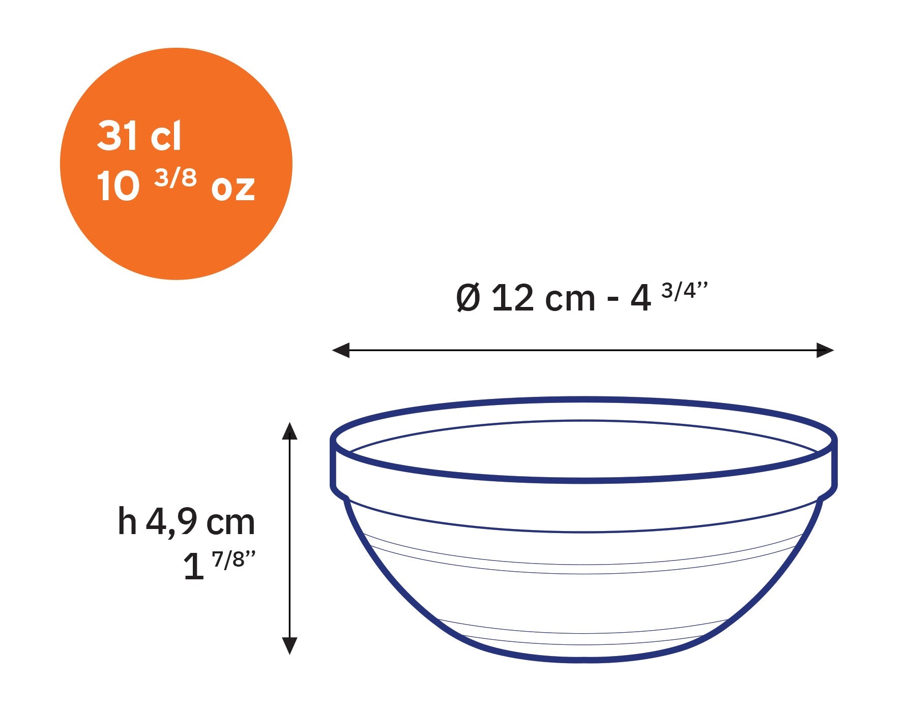 Le Gigogne® Clear Stackable Glass Bowl Set - Set of 10 by Duralex USA. Image illustrating a 10 3/8 oz bowl with detailed measurements including diameter and height.