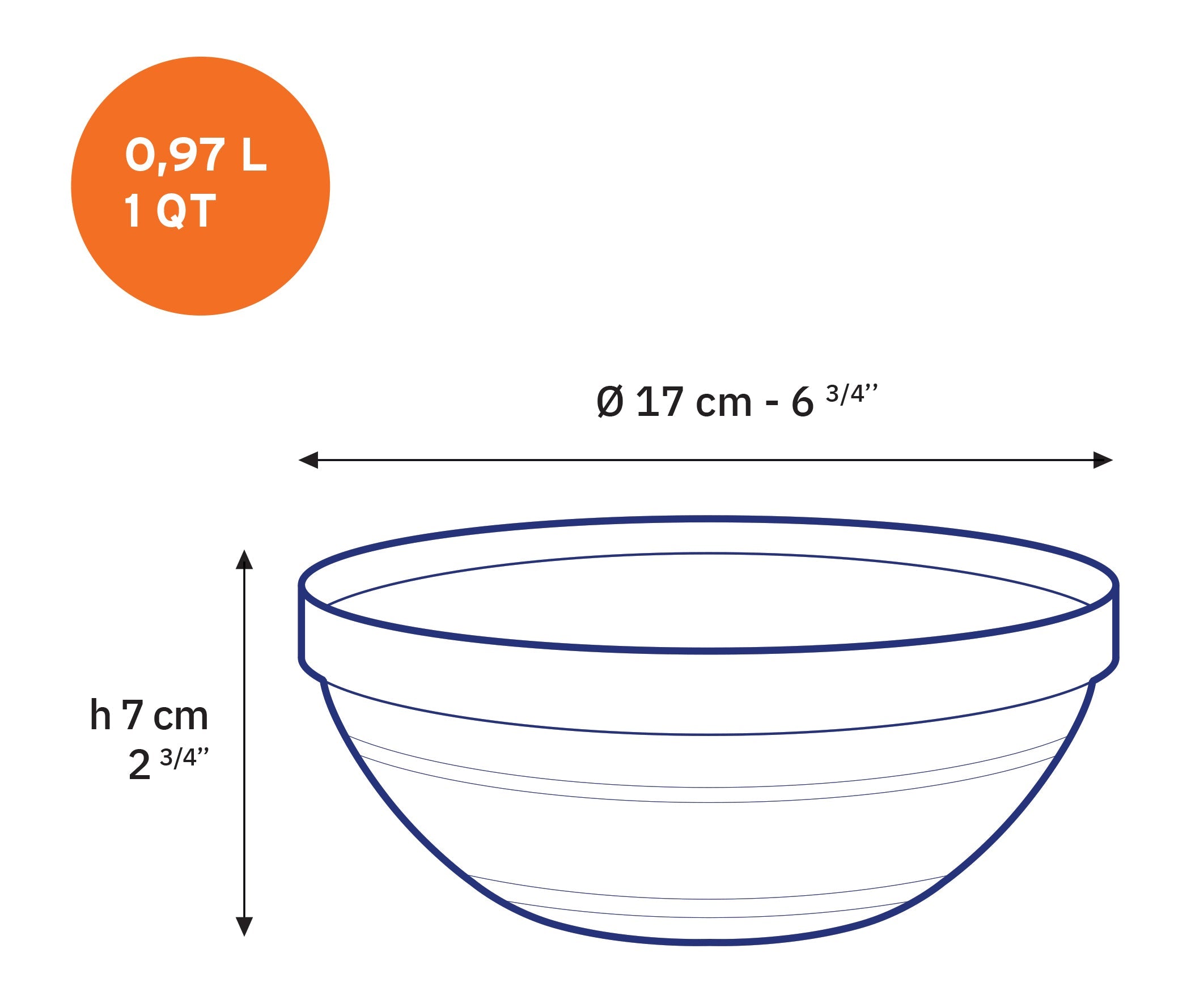 Le Gigogne® Clear Stackable Glass Bowl Set - Set of 10 by Duralex USA. Image displaying a 1 QT bowl with specifications showing its diameter and height.