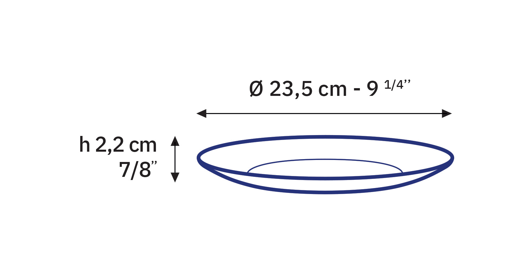 Diagram of the Lys Green Glass Dinner Plate 9.25" by Duralex USA showing dimensions and specifications.