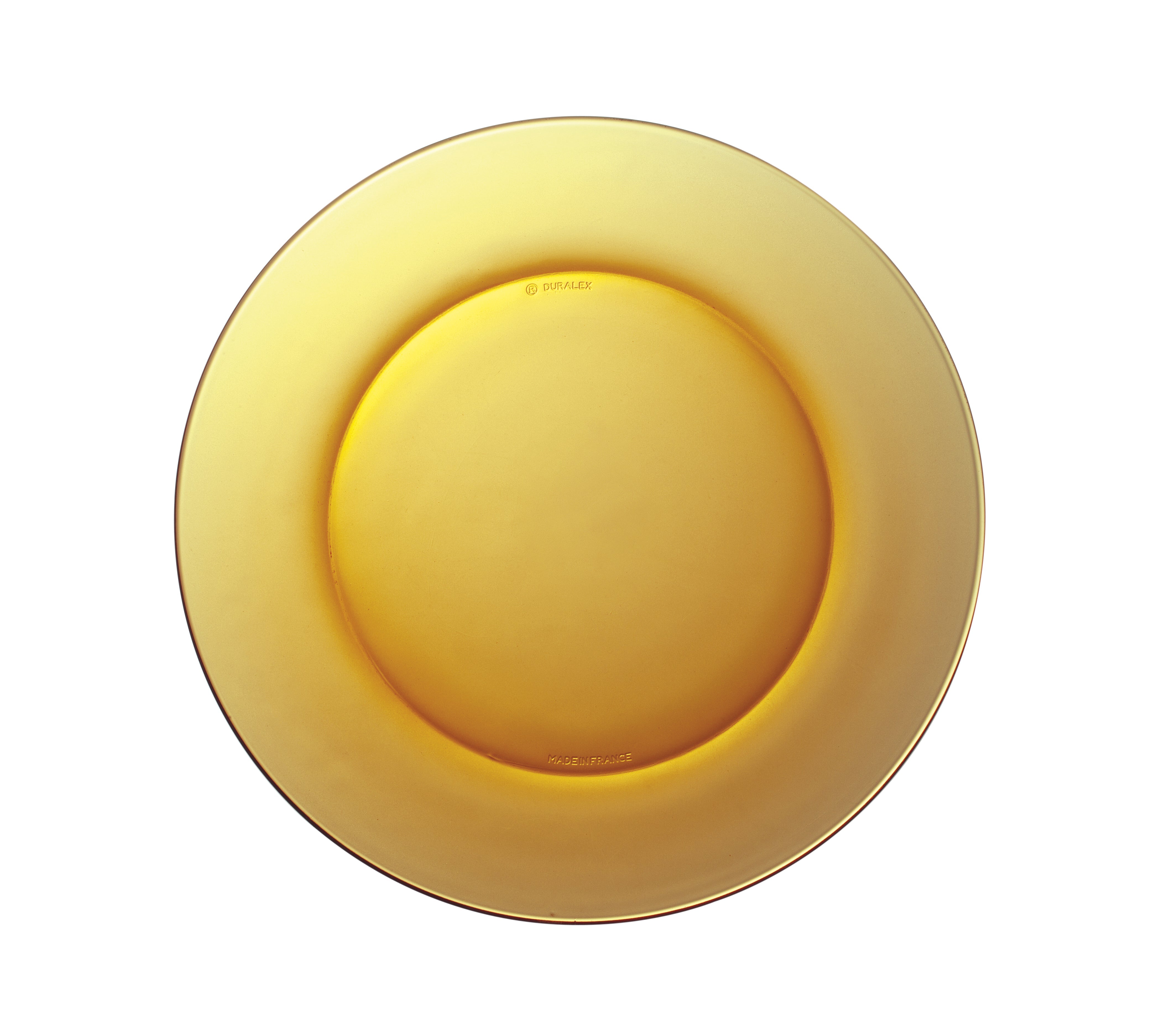 Top view of Duralex Lys Amber Glass Dinner Plate 9.25" highlighting the round shape and amber color, ideal for setting a stylish table.
