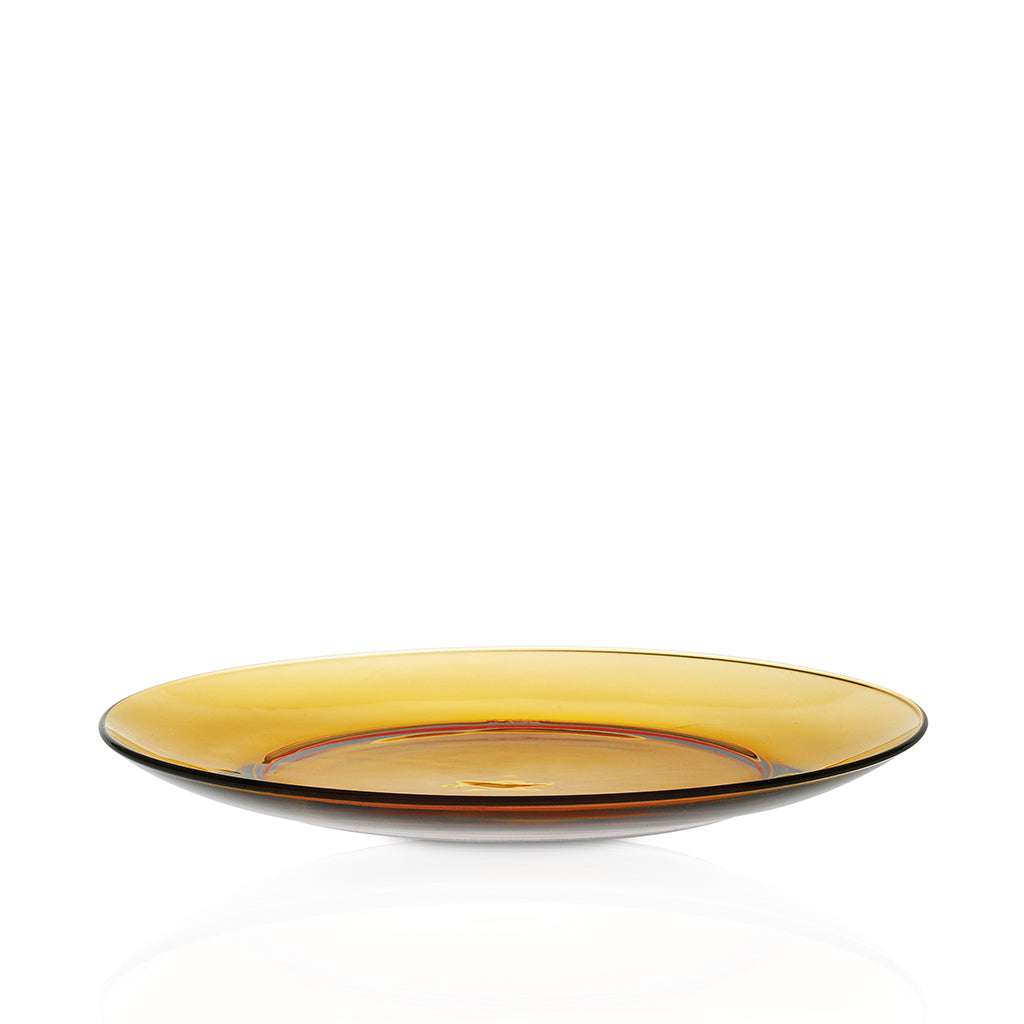 Duralex Lys Amber Glass Dinner Plate 9.25" showing a modern design with smooth edges, perfect for elegant dining. Set of 6 plates.