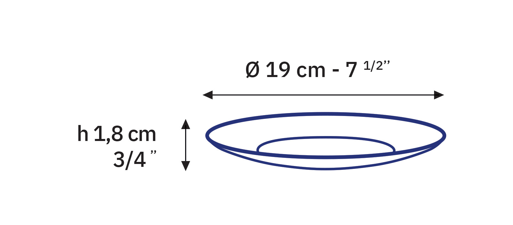Dimensions of Lys Glass Dinnerware Dessert Plate, 7.5" - Set of 6 by Duralex showcasing a diameter of 19 cm and height of 1.8 cm.