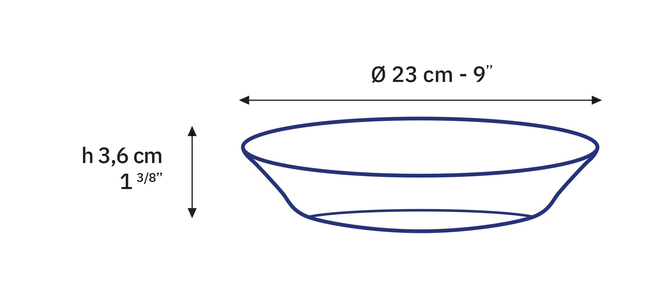 Dimensions of Lys Glass Dinnerware Soup Bowl 9" by Duralex, showing a diameter of 23 cm and height of 3.6 cm.