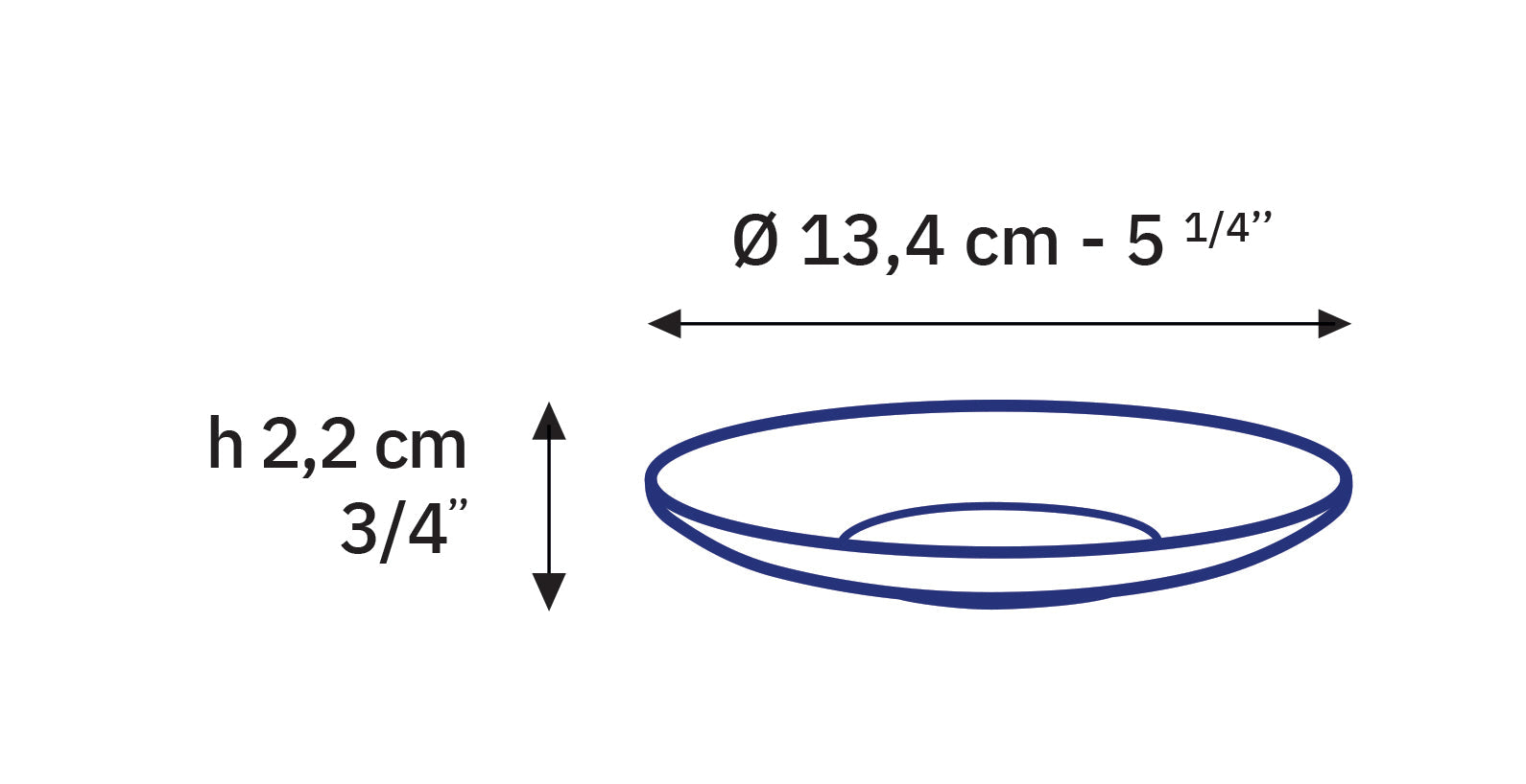 Dimensions of Le Gigogne® Glass Saucer by Duralex USA, measuring 5 1/4 inches in diameter and 3/4 inch in height, ideal for coffee mugs.