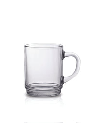 Clear glass mug from Duralex, part of the Versailles Stackable Glass Mug set of 6, perfect for hot or cold beverages.