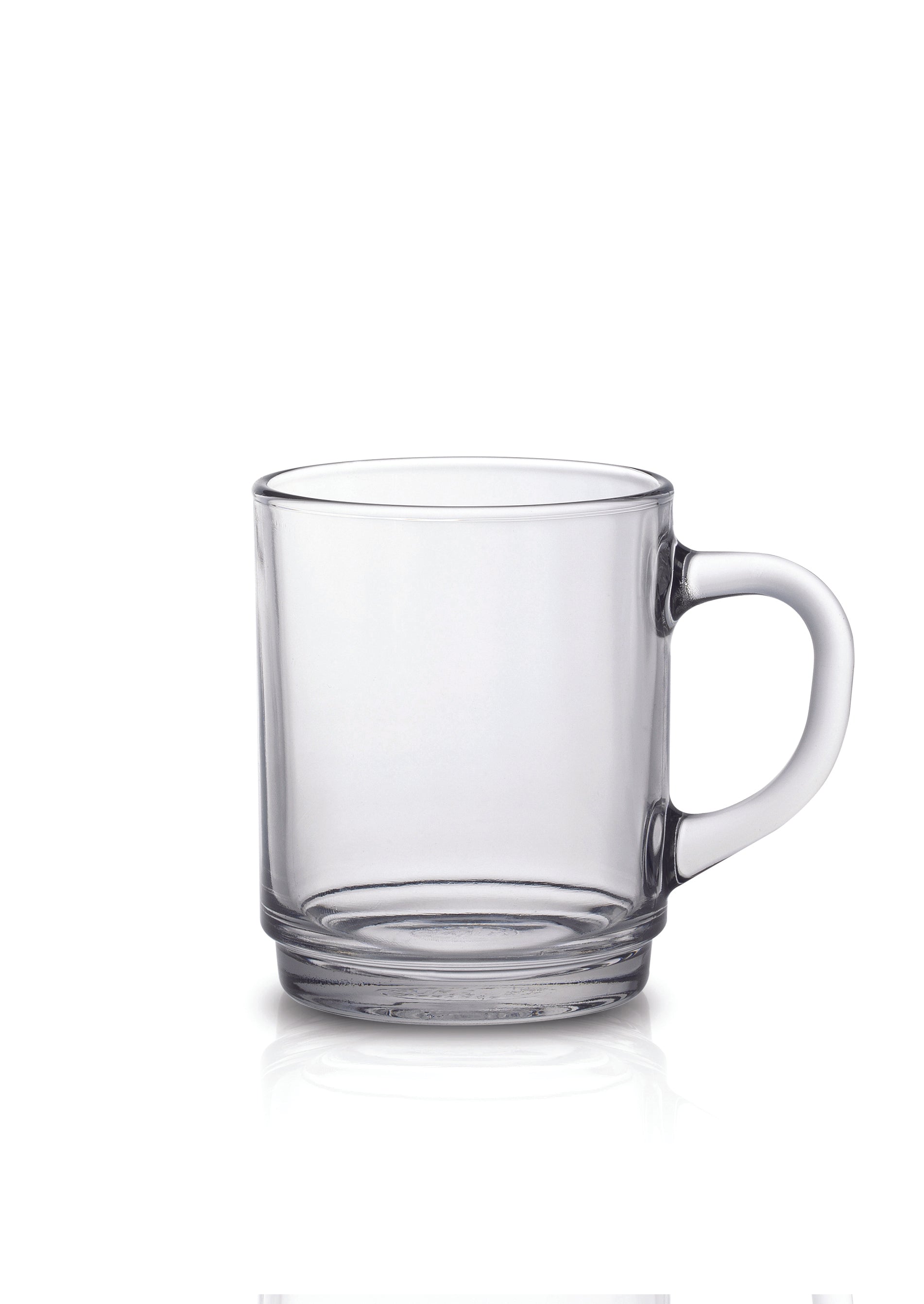 Clear glass mug from Duralex, part of the Versailles Stackable Glass Mug set of 6, perfect for hot or cold beverages.