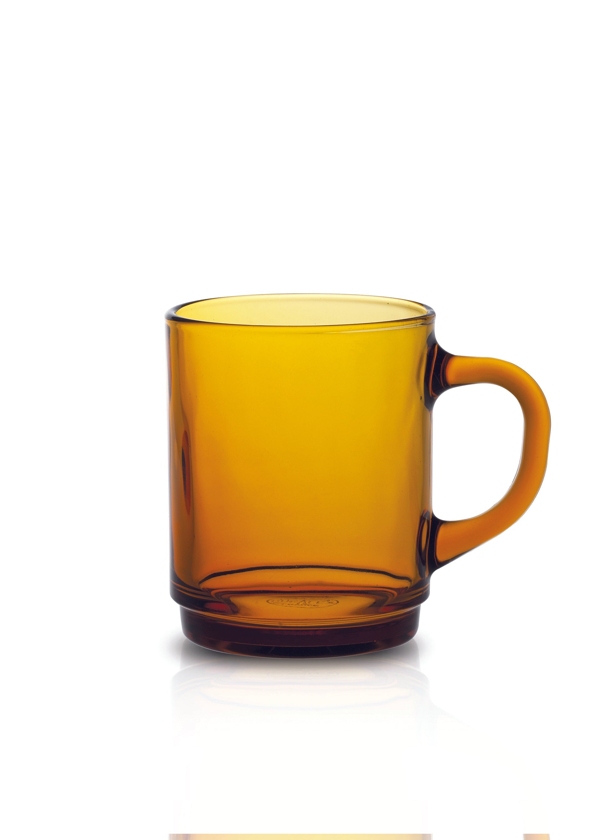 Duralex Versailles Stackable Glass Mug in vibrant amber color, perfect for serving drinks, stackable design for easy storage.
