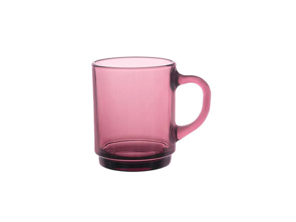 Pink blush Duralex Versailles Stackable Glass Mug, featuring a curved design suitable for both hot and cold beverages.