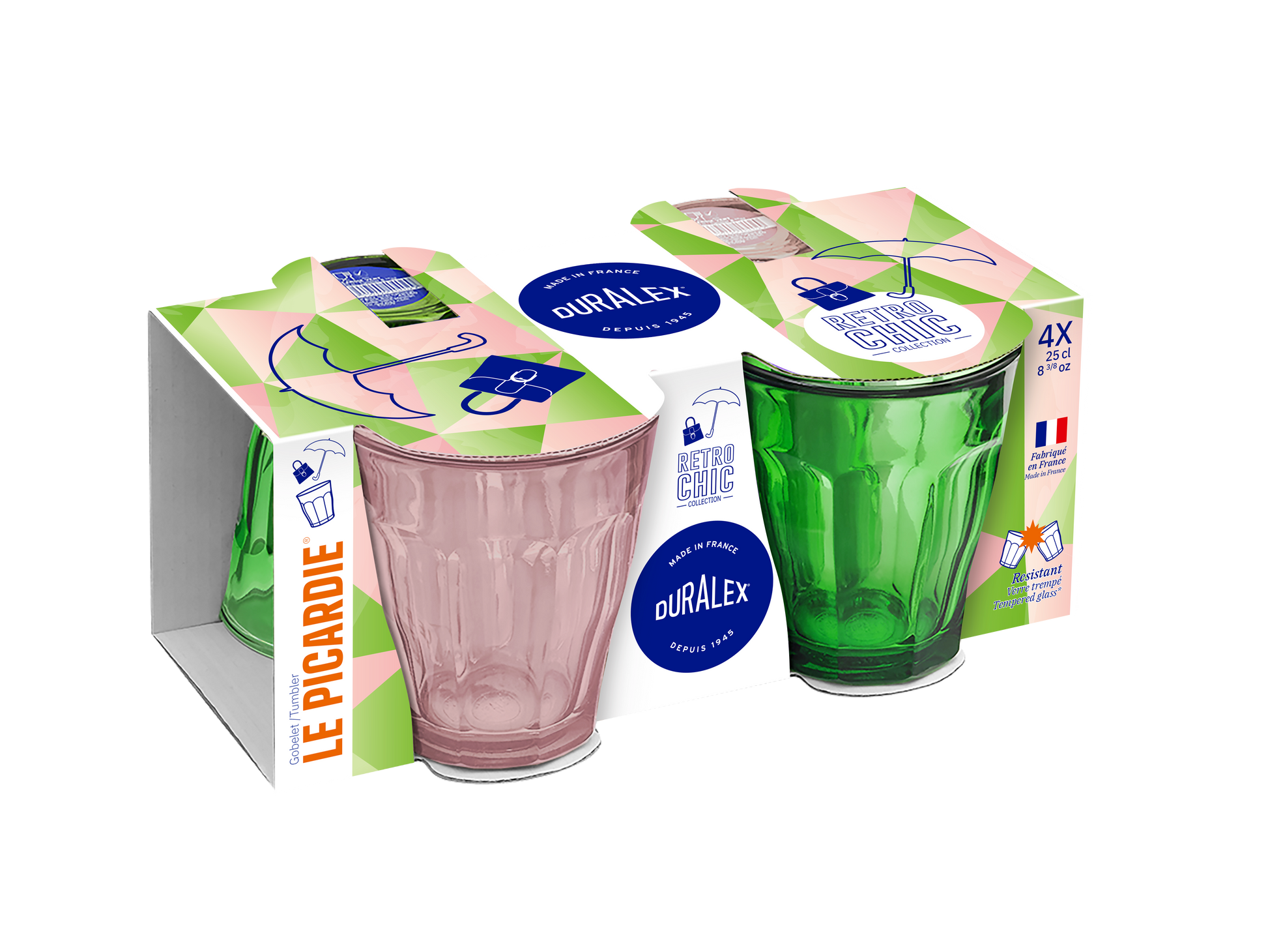 Duralex USA Le Picardie® Mix & Match Color Glass Tumbler Set 8.38oz featuring Pink Blush and Green tumblers in distinctive packaging.