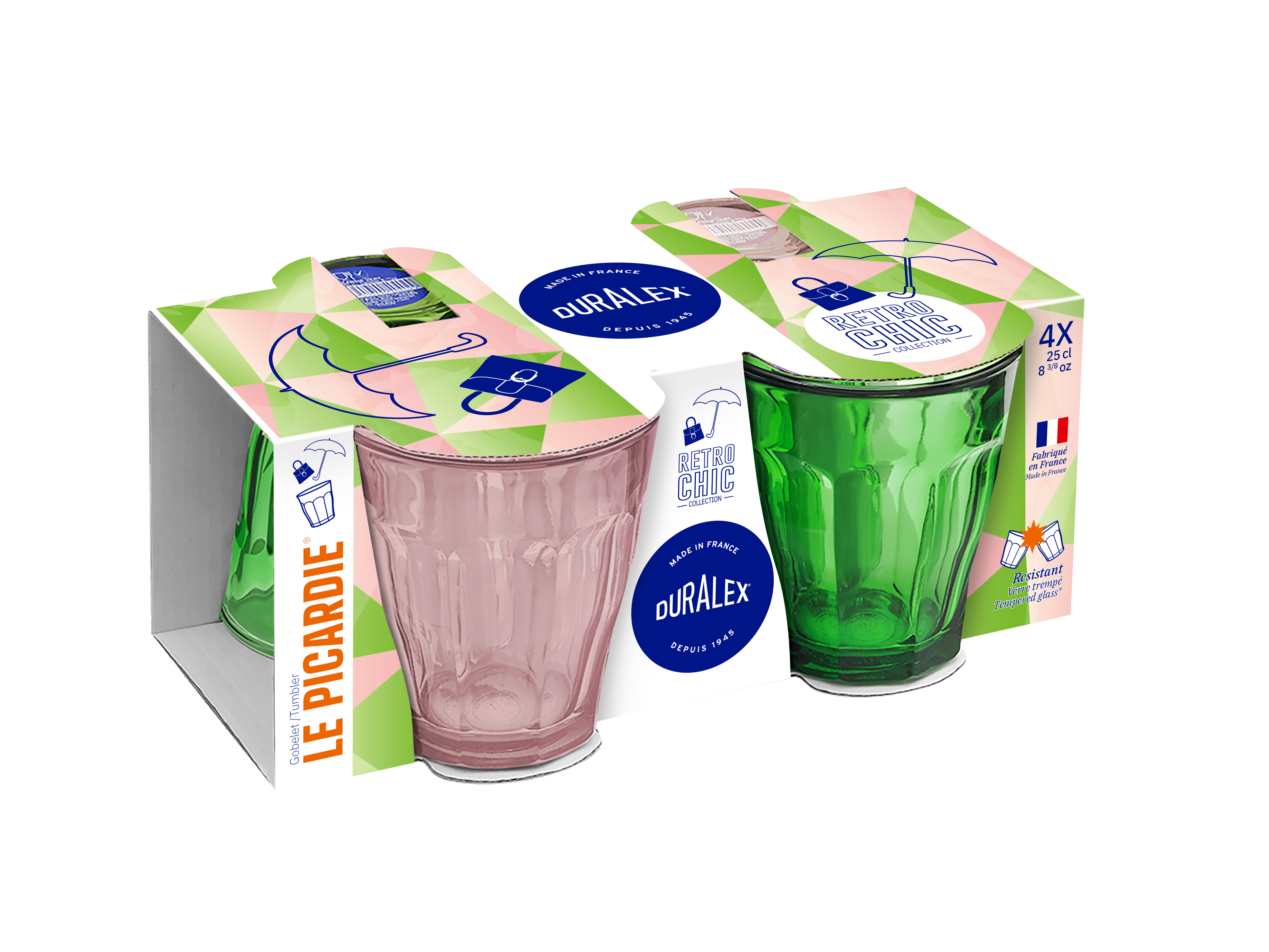 Duralex USA Le Picardie® Mix & Match Color Glass Tumbler Set 8.38oz featuring Pink Blush and Green tumblers in distinctive packaging.