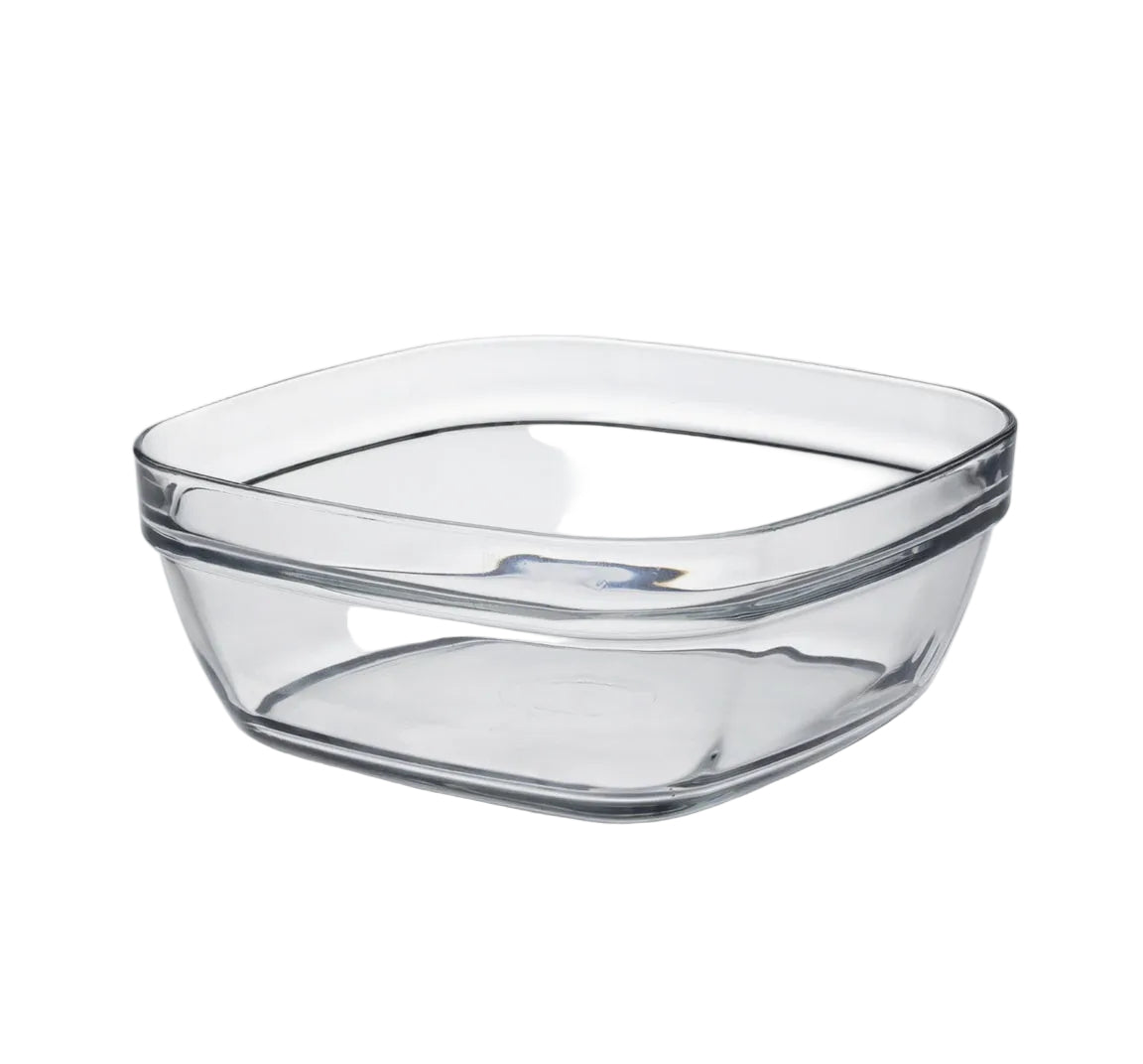 Lys Glass Square Bowl by Duralex, durable and heat resistant clear glass bowl, perfect for various food storage and serving needs.