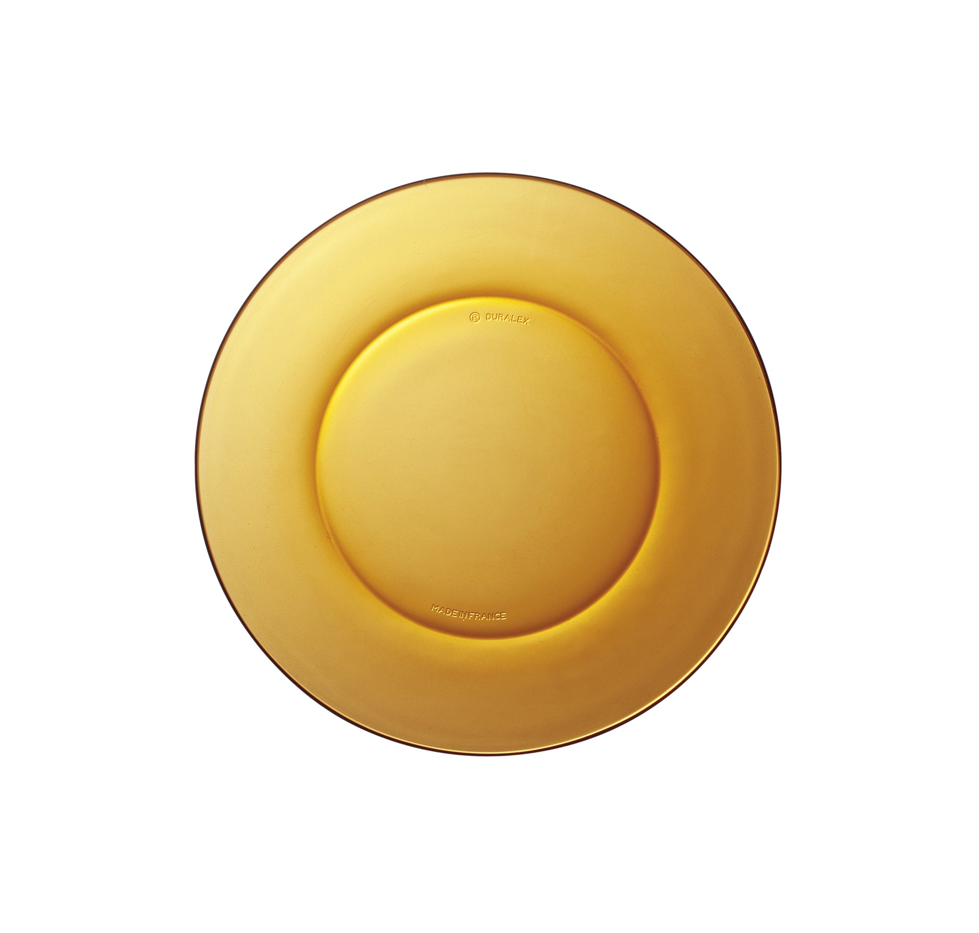 Lys® Amber Glass Dessert Plate 7.5" from Duralex USA - top view of a circular amber glass plate featuring a smooth surface and refined beveled edges.