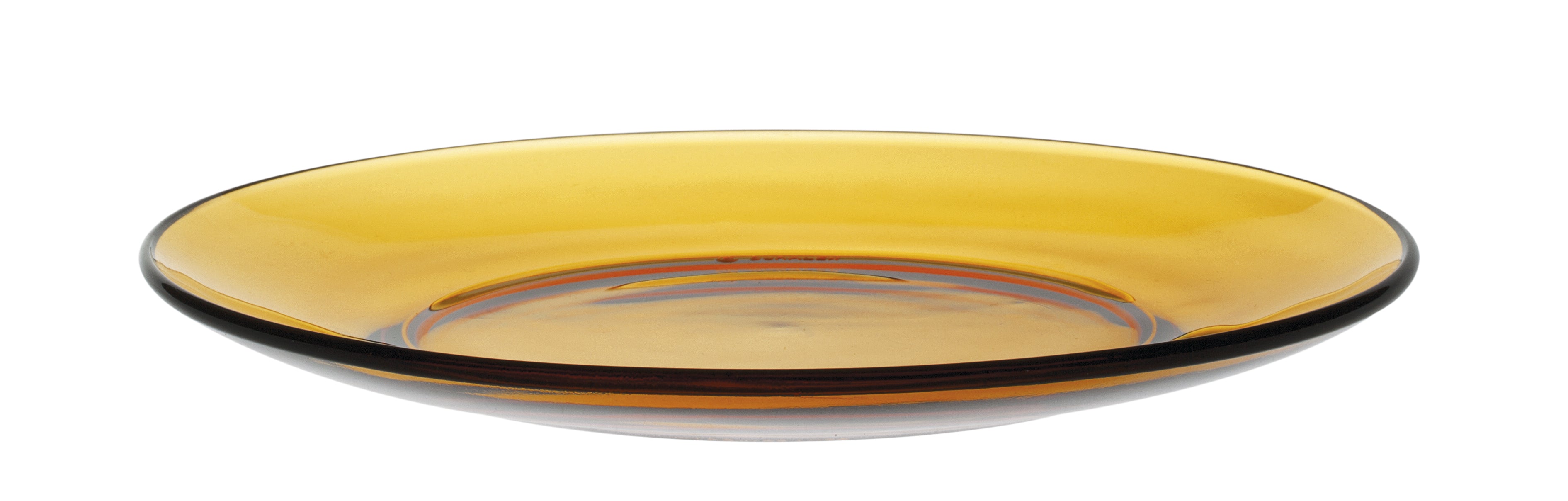 Lys® Amber Glass Dessert Plate 7.5" from Duralex USA - side view of an elegant, shallow amber glass dessert plate showcasing its chic design and fine curves.