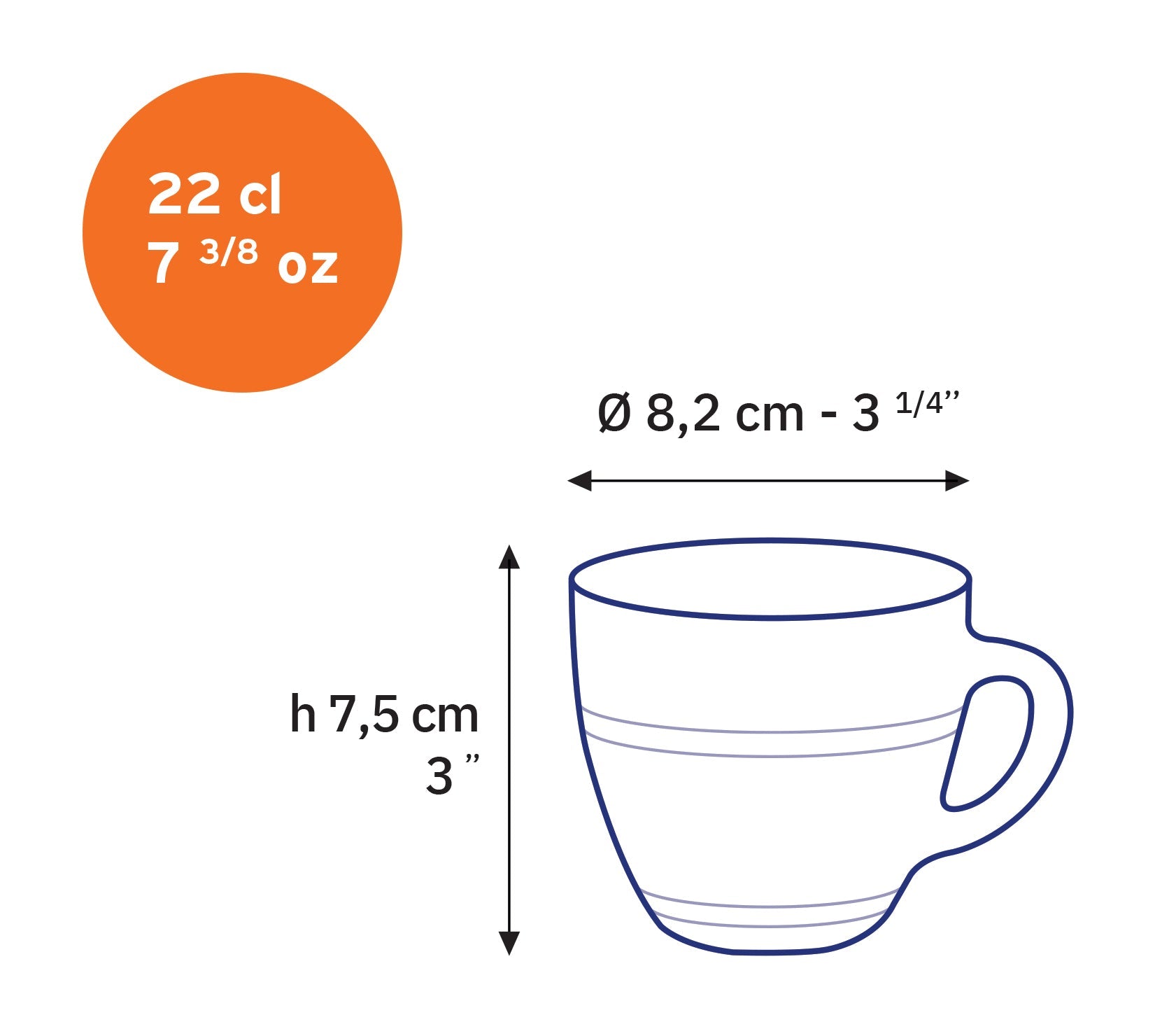 Dimensions of Le Gigogne® Glass Mug by Duralex, indicating size specifications for this elegant drinkware.