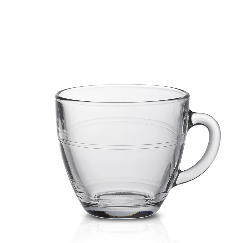 Le Gigogne® Glass Mug by Duralex featuring a minimal and classic design, perfect for serving coffee, tea, and espresso, set against a clean background.