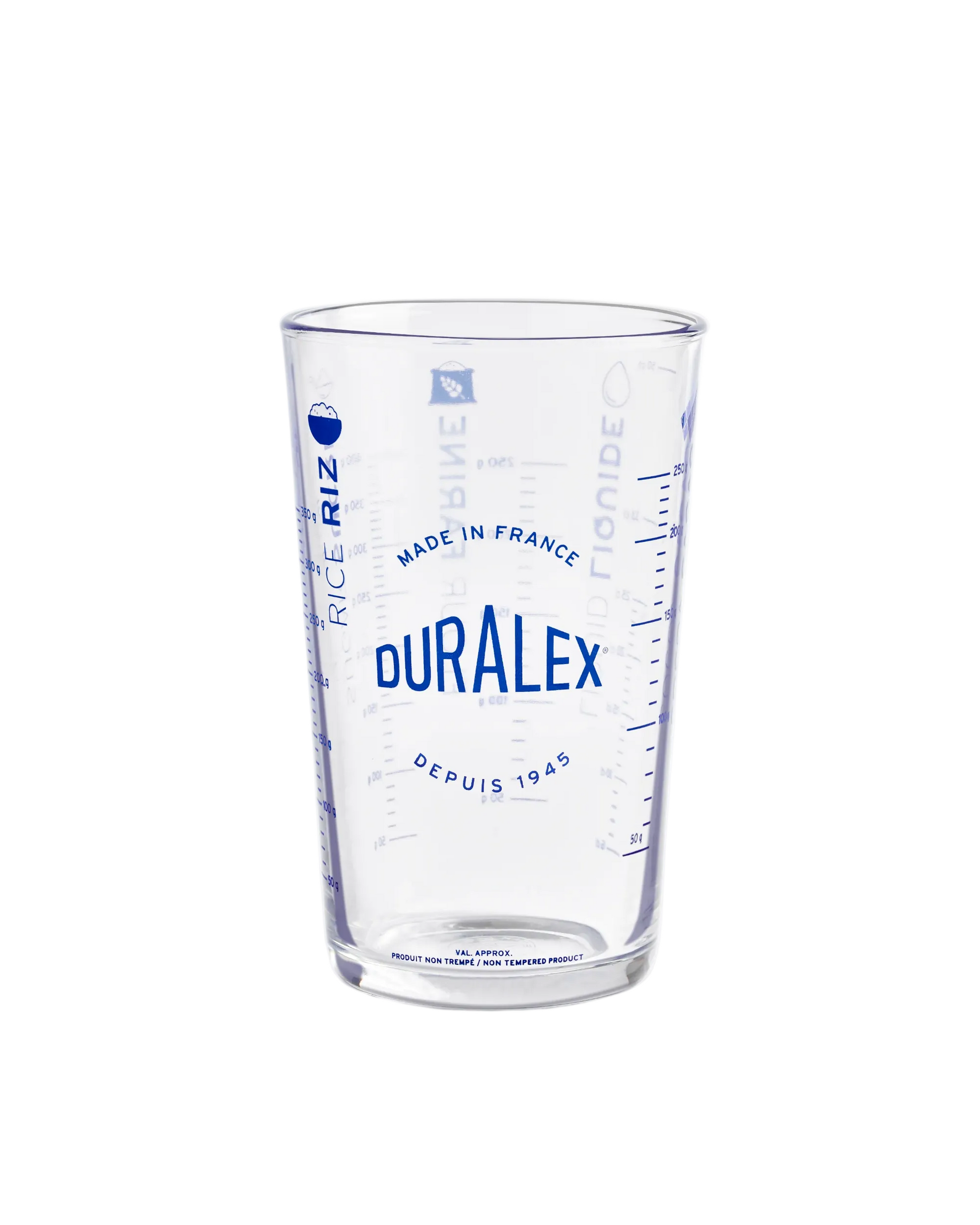 Clear measuring cup with blue text on a white background