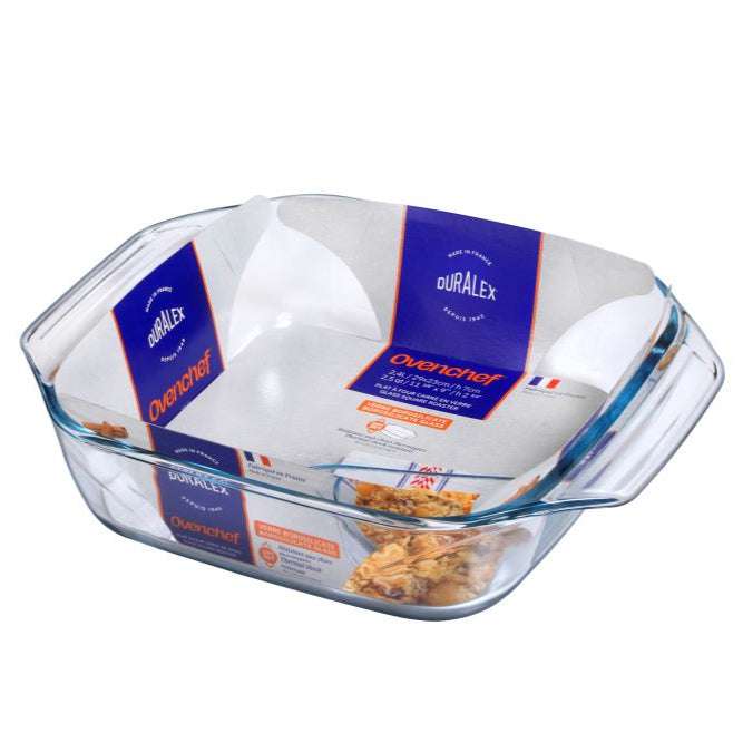 Ovenchef® Tempered Glass Square Roaster by Duralex USA with packaging visible, designed for versatile baking.
