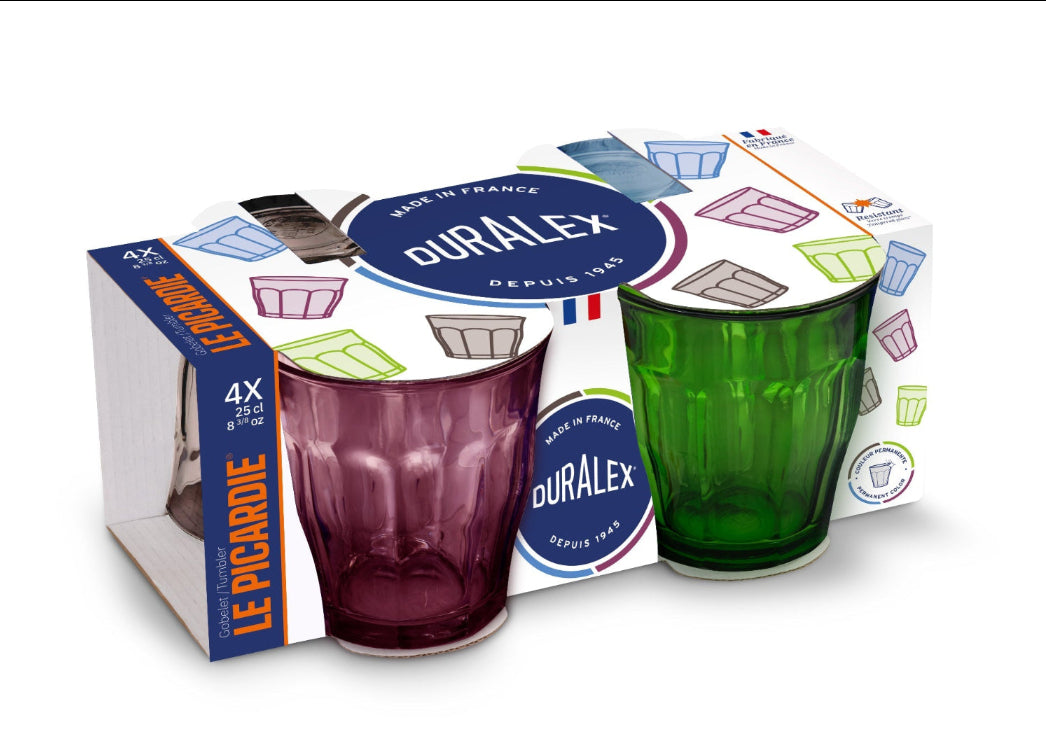 Le Picardie® Mixed Color Glass Tumbler Set by Duralex USA, featuring 4 colorful tumblers in a packaging, ideal for hot or cold drinks.
