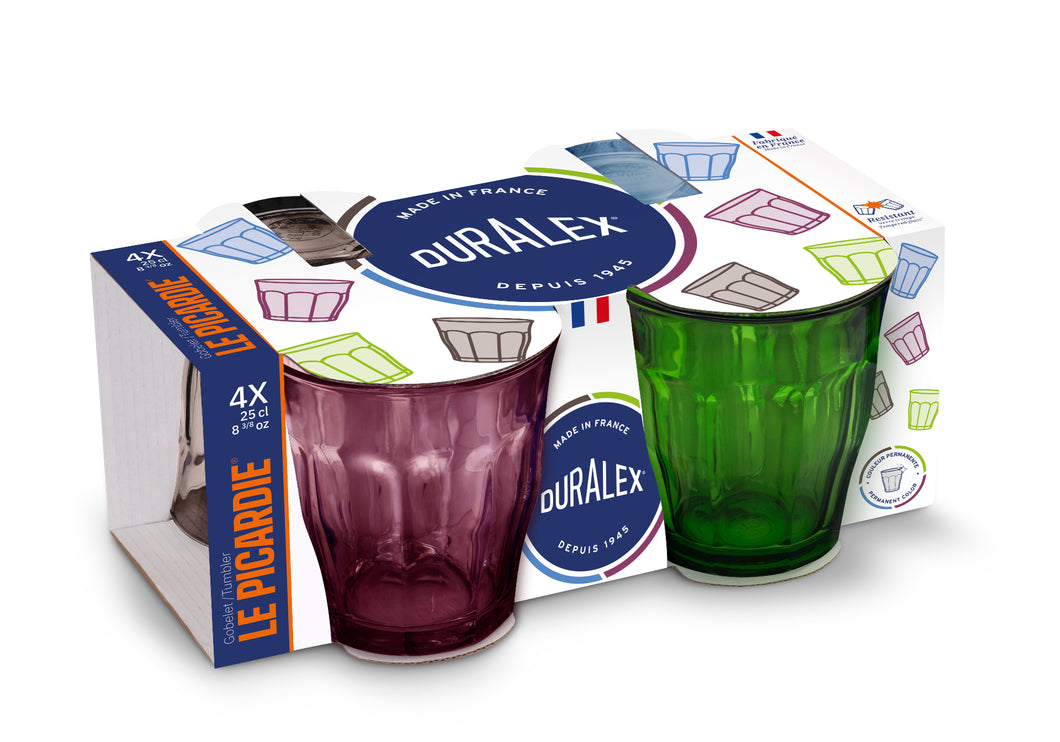 Duralex USA Le Picardie® Mixed Color Glass Tumbler Set 8.38oz, Set of 4 