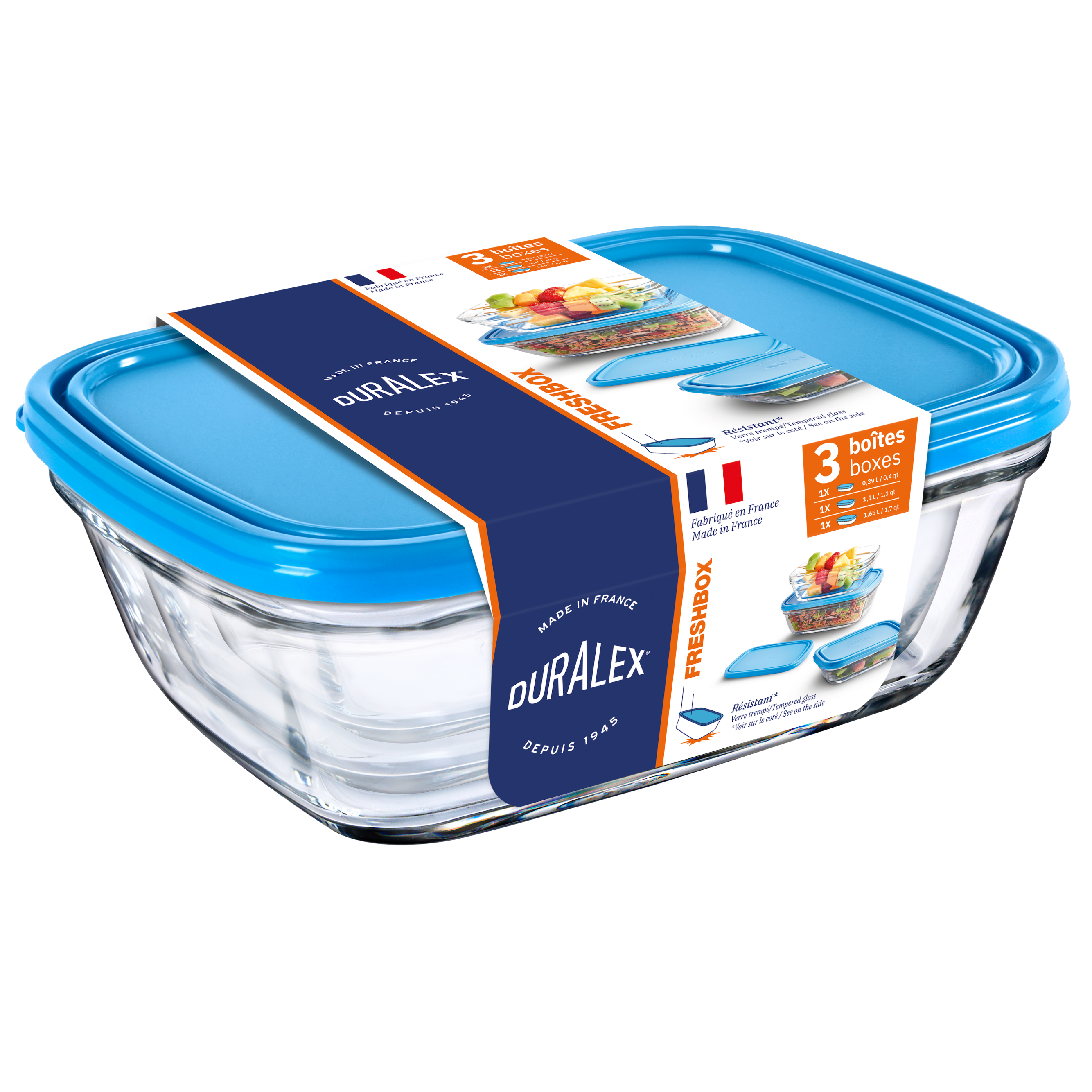 Freshbox Glass Containers - Rectangular 3-Piece Set | Duralex USA