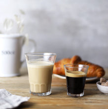 Duralex Amalfi Glass Tumbler Two drinking glasses on a table one has milk the other has coffee  Product Image 2